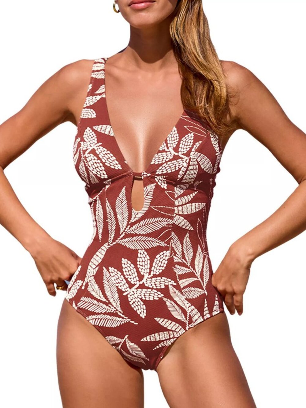 Cupshe Brick Red Botanical Print Front Keyhole Gathered Back One-Piece Large NWT